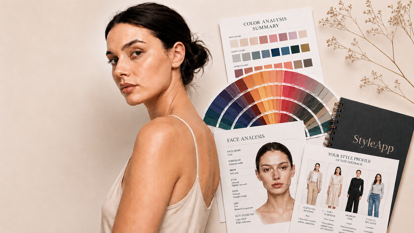 Editorial StyleApp toolkit with portrait, color analysis sheets, fan deck and notebook